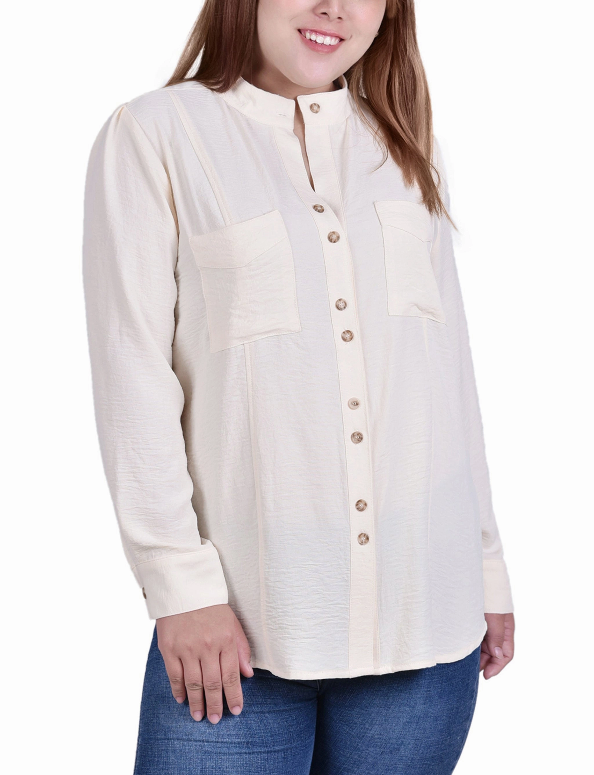 Anti Bacterial Layer Plus Size Long Sleeve Button Mandarin Collar Blouse