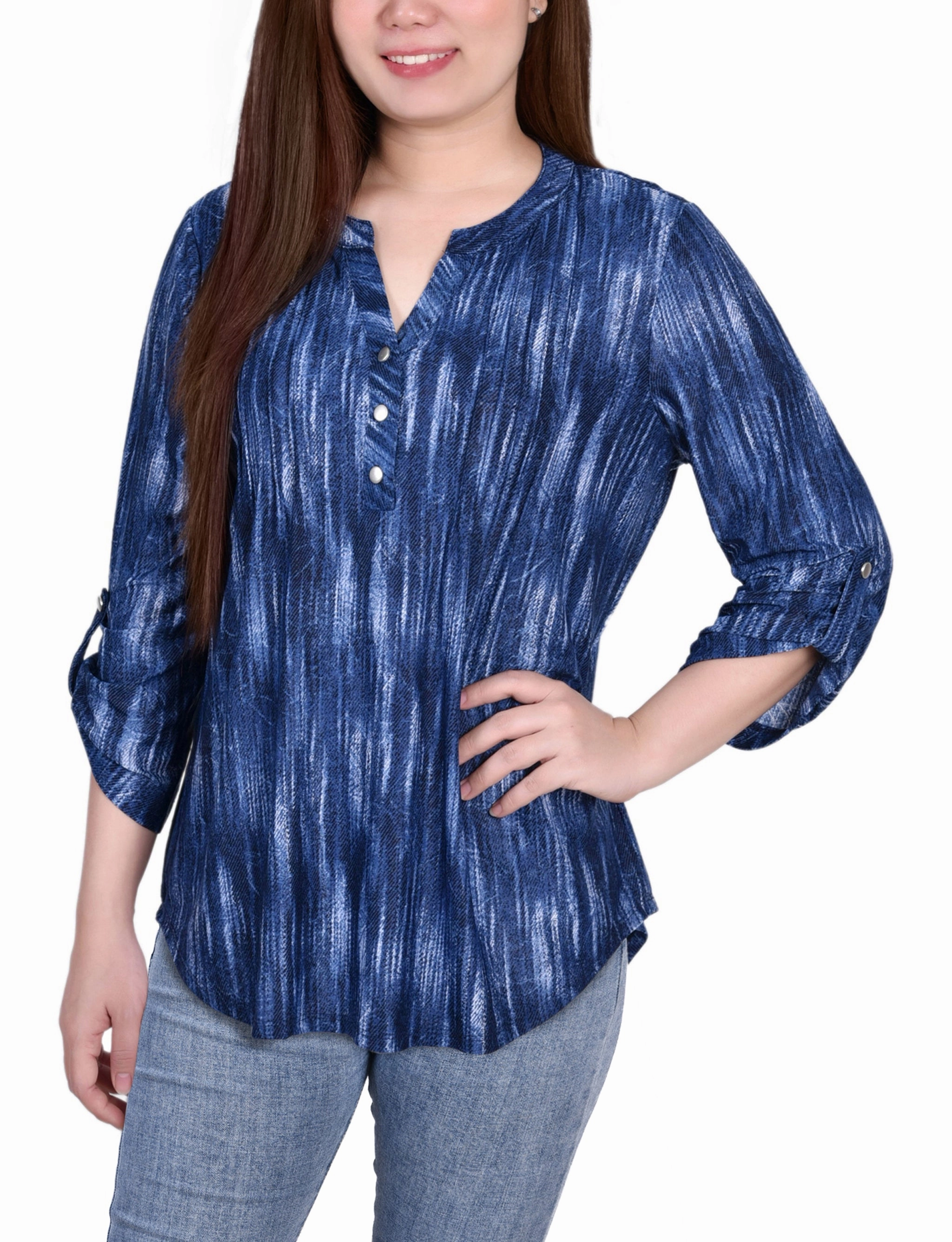 Relaxed Blouse 3/4 Sleeve Roll Tab Y Neck Pullover Top