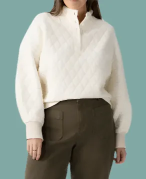 Neutral Tone Colorfast Guide Lightwear Look Quilted Button Up Popover Sweater