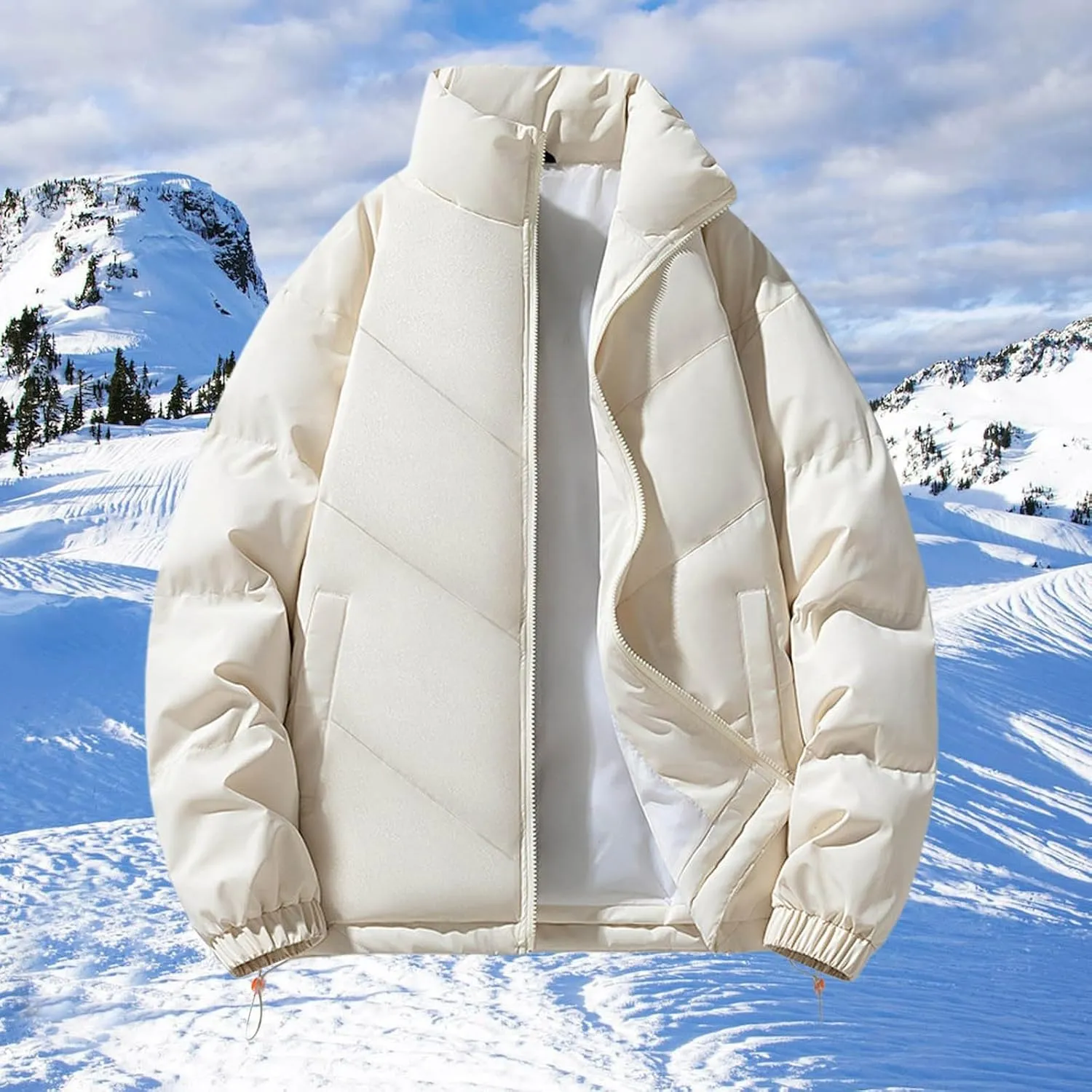 Quilted Puffer Jacket Men Stand Collar Zip up Lightweight Padded Down Jacket Winter Warm Insulated Puffy Coat with Pocket
