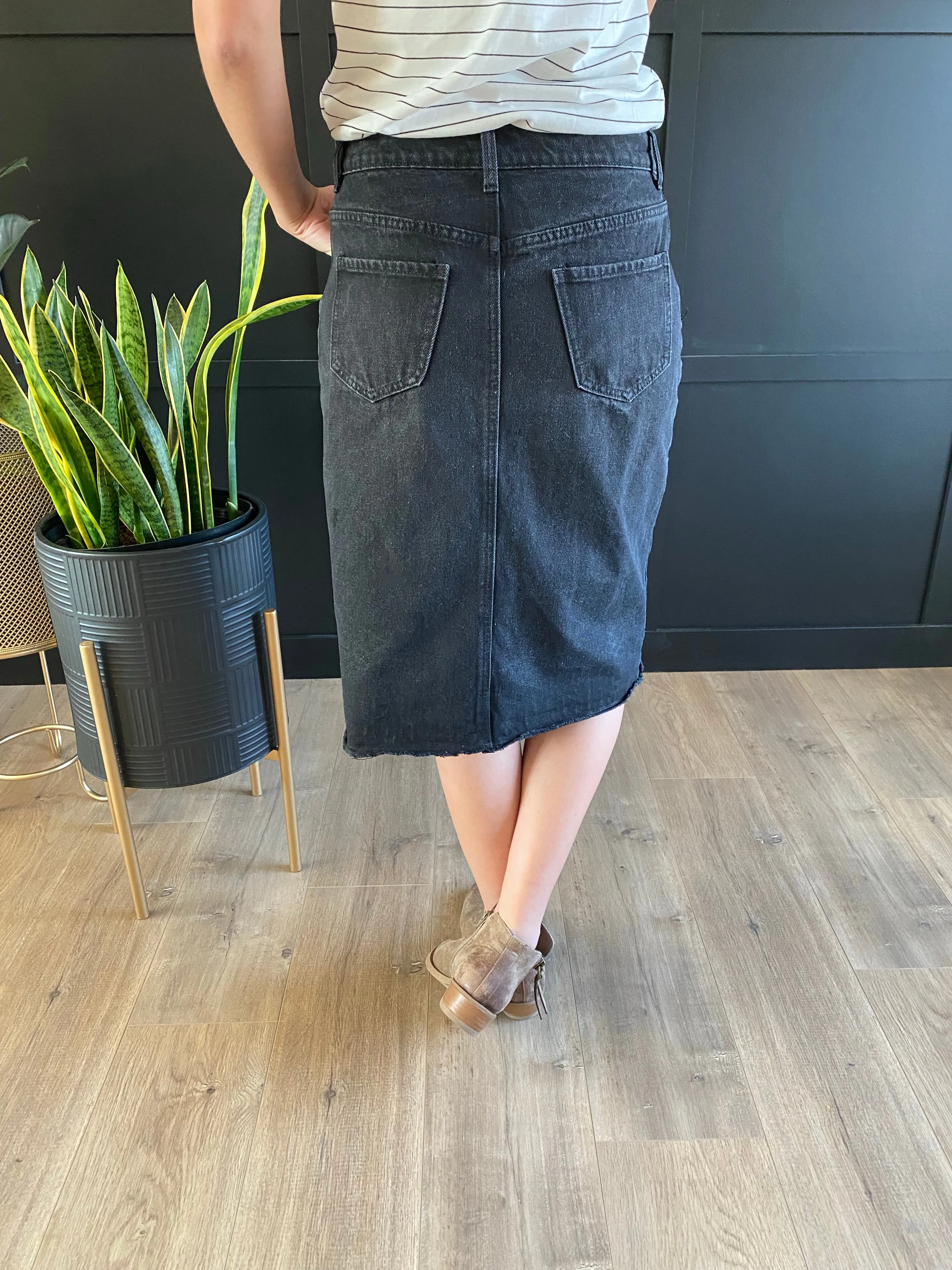 "Aurora" A-Line Calf Length Denim Skirt in Black