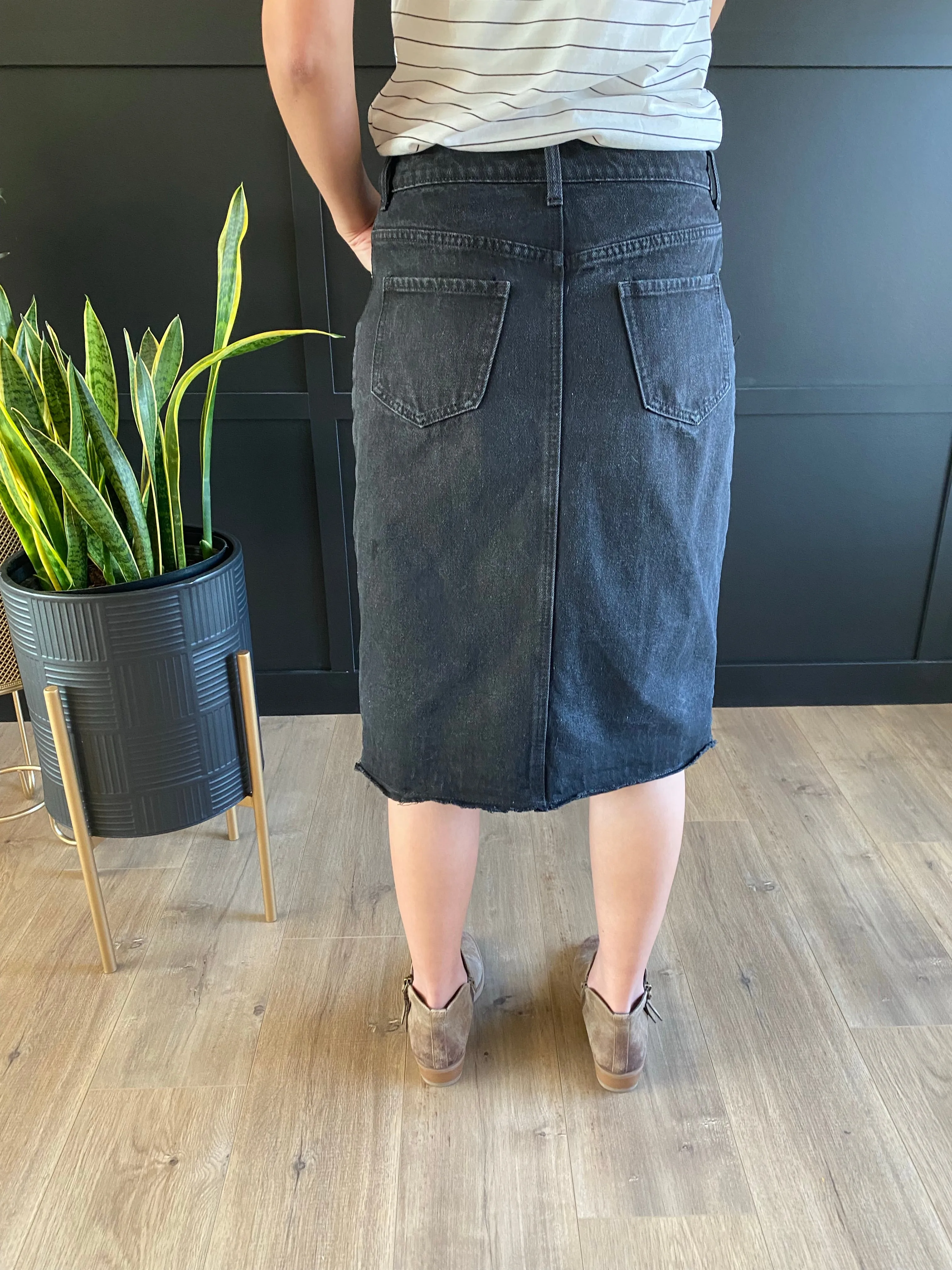 "Aurora" A-Line Calf Length Denim Skirt in Black