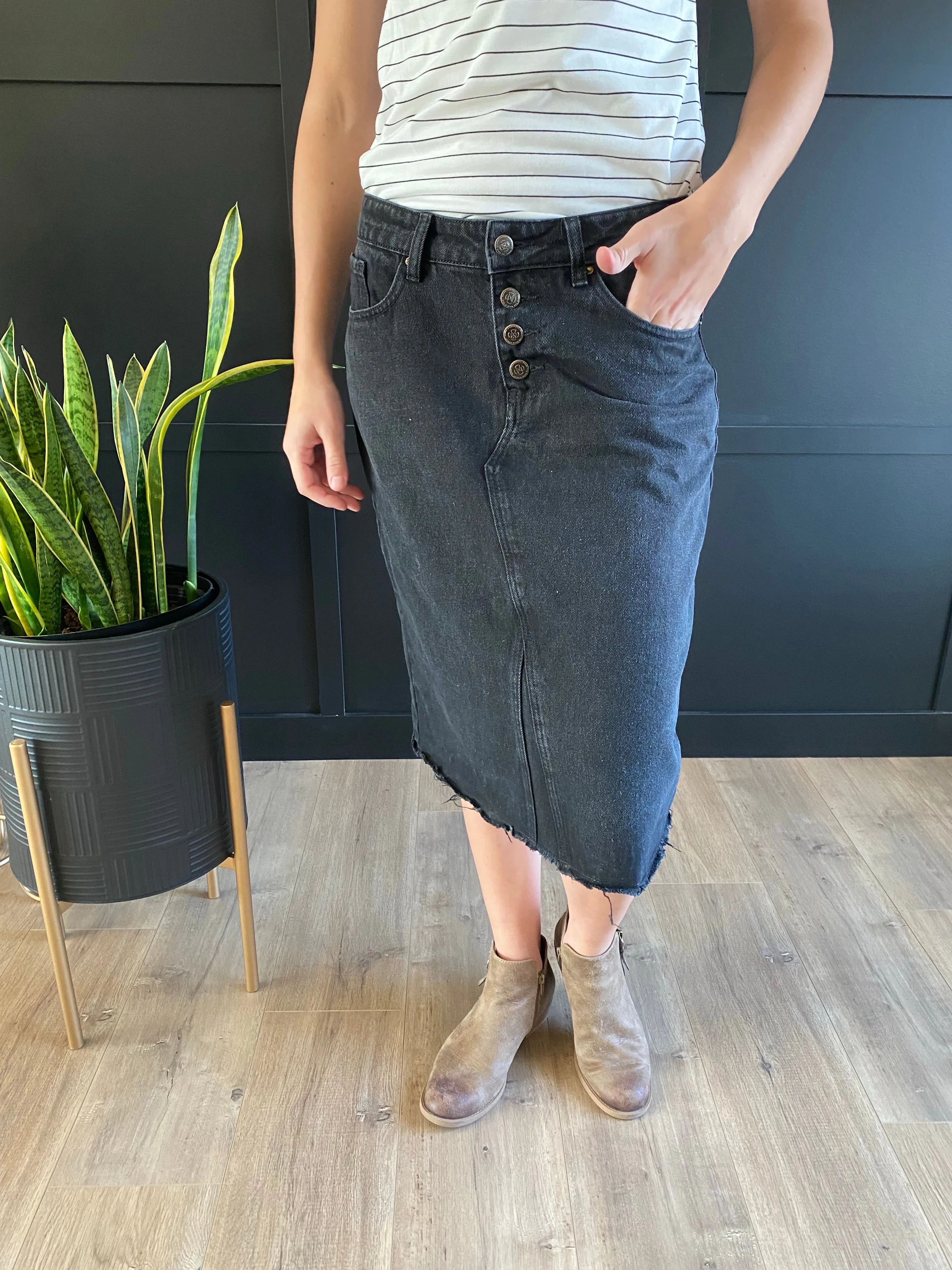 "Aurora" A-Line Calf Length Denim Skirt in Black