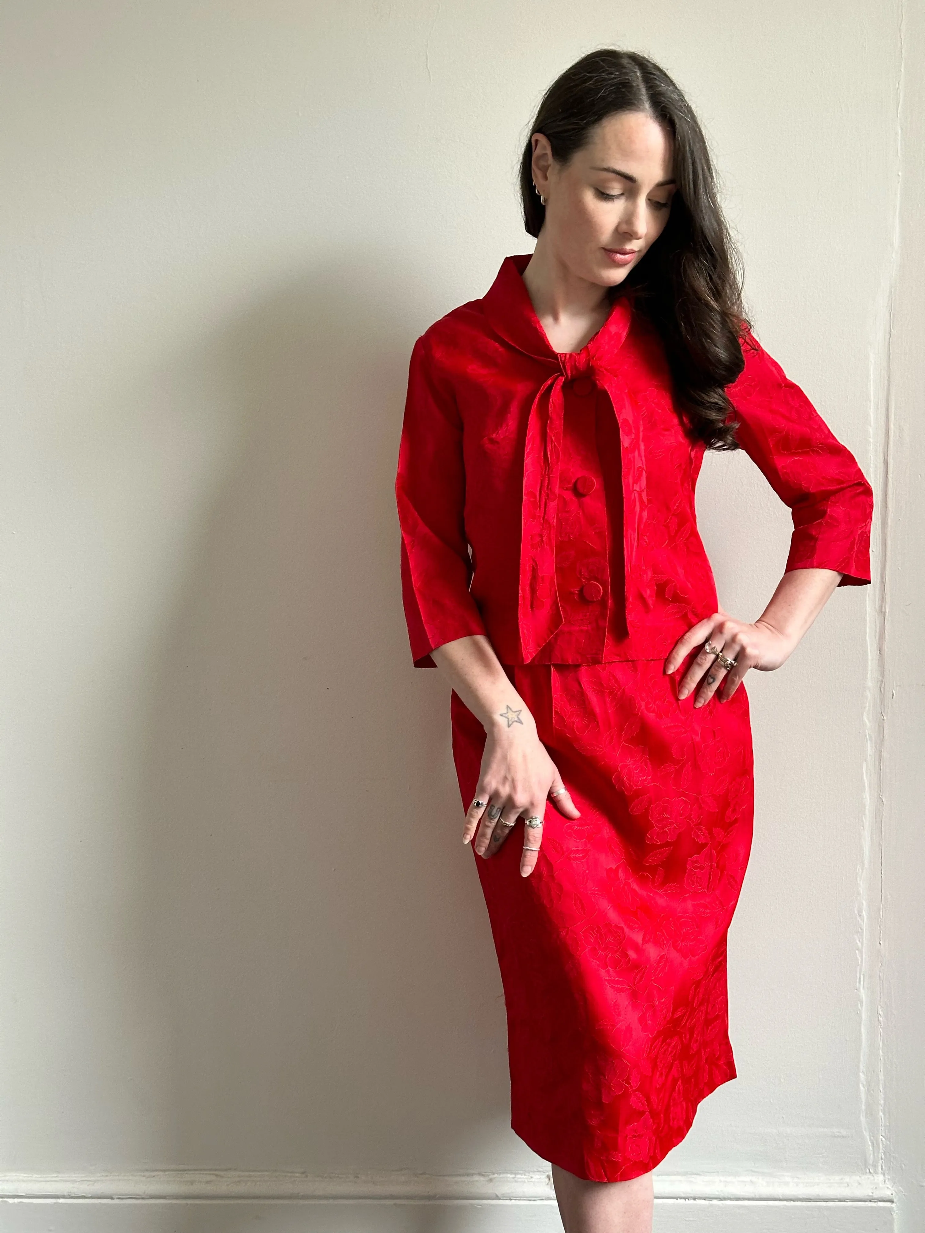 "Red Rose Brocade" Vintage 1960's Red Rose Brocade Skirt Suit UK 8-10 US 4-6