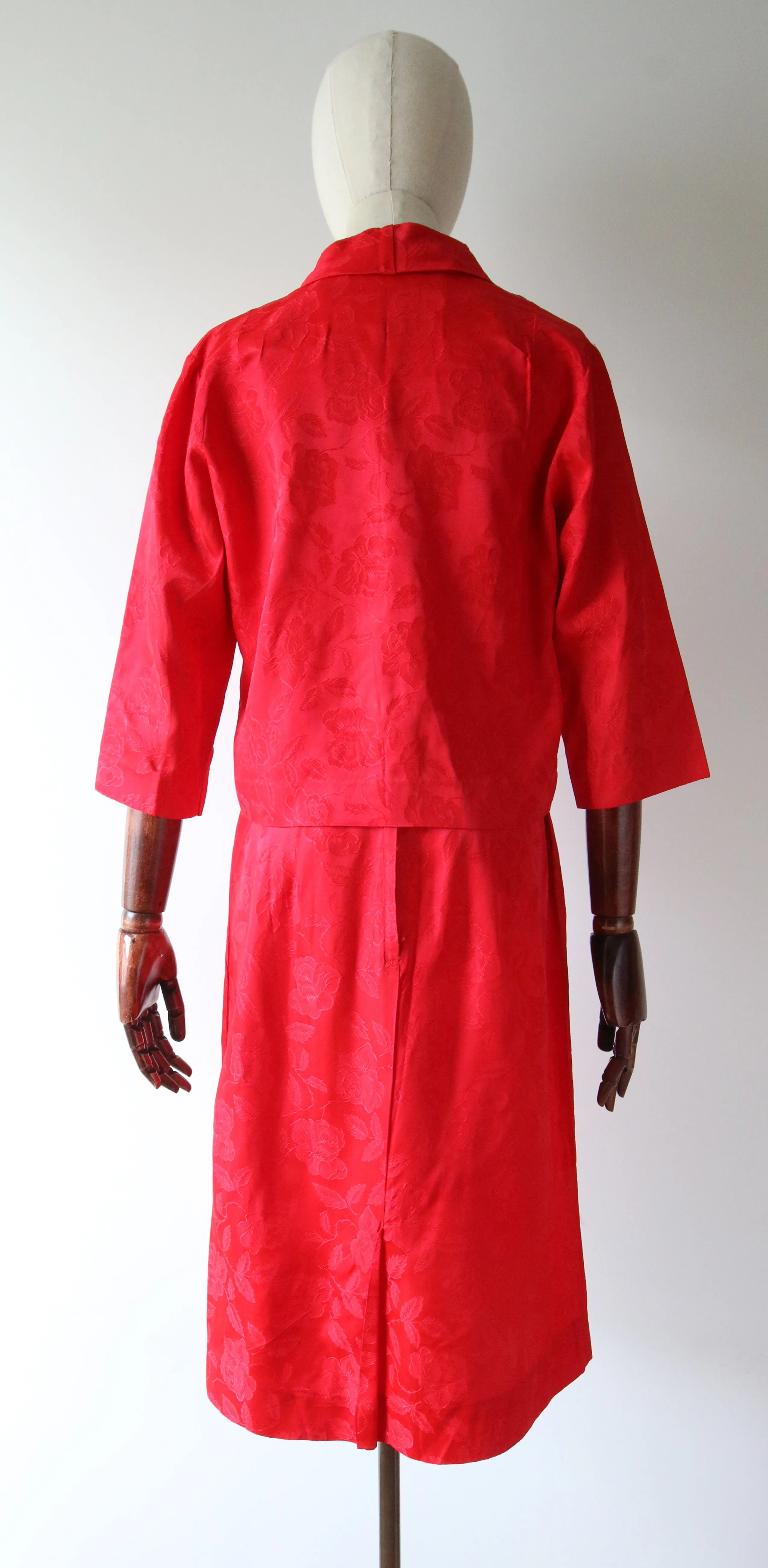 "Red Rose Brocade" Vintage 1960's Red Rose Brocade Skirt Suit UK 8-10 US 4-6