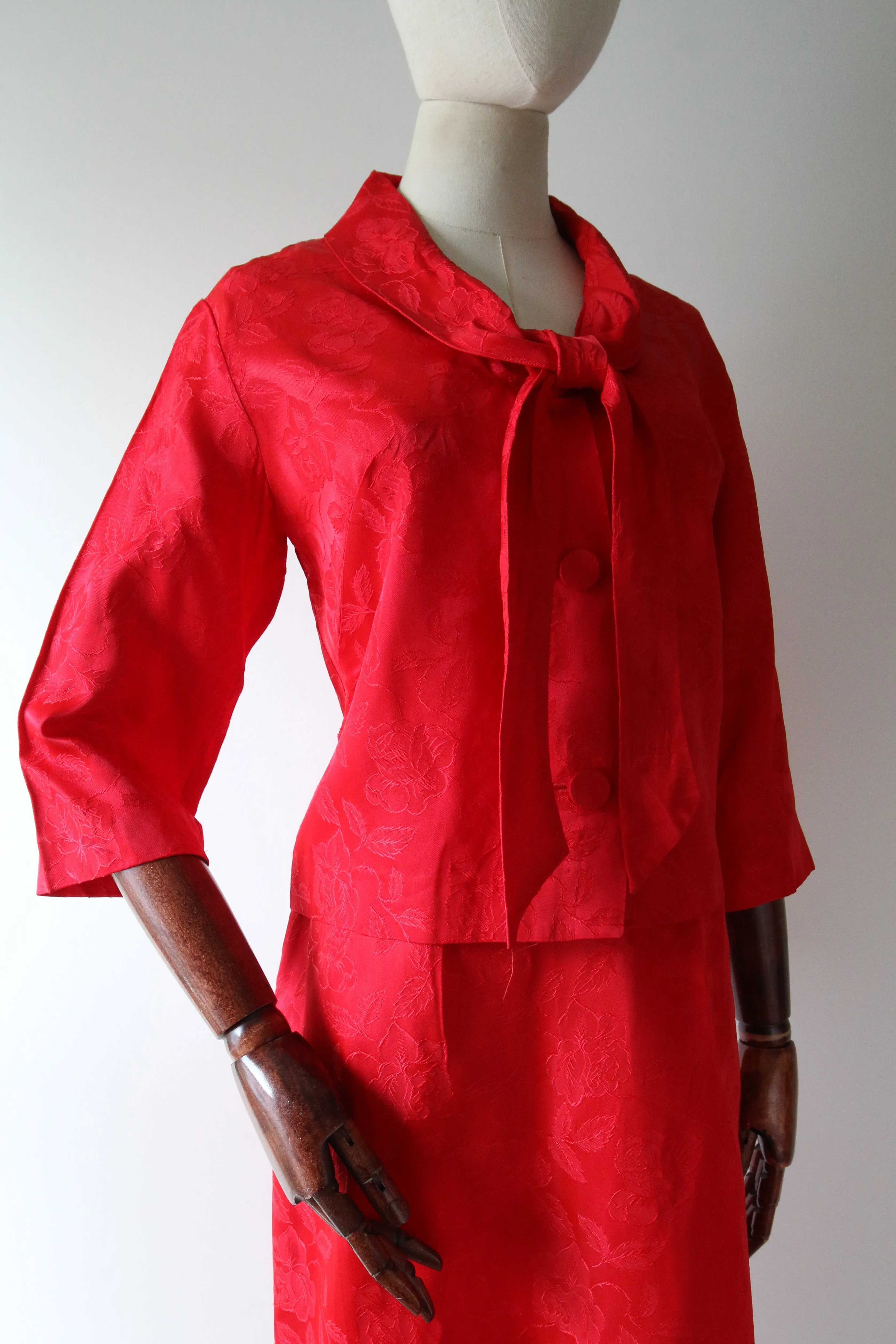"Red Rose Brocade" Vintage 1960's Red Rose Brocade Skirt Suit UK 8-10 US 4-6