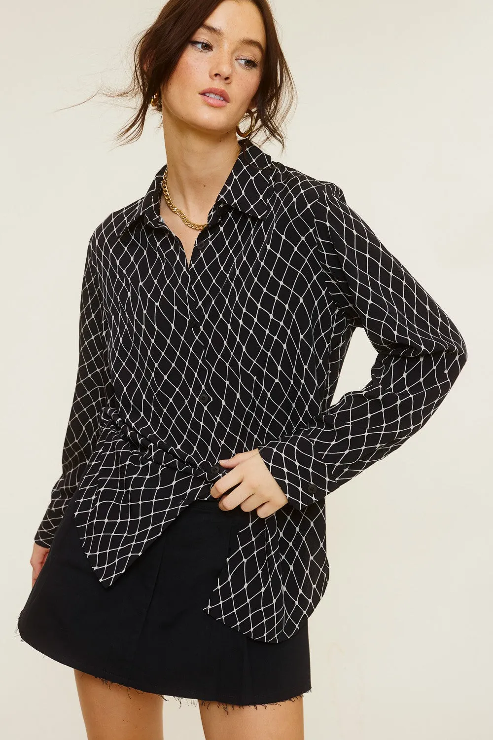 "Work Event" Black and White Printed Button Down Shirt