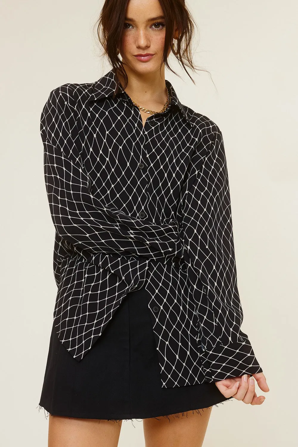 "Work Event" Black and White Printed Button Down Shirt