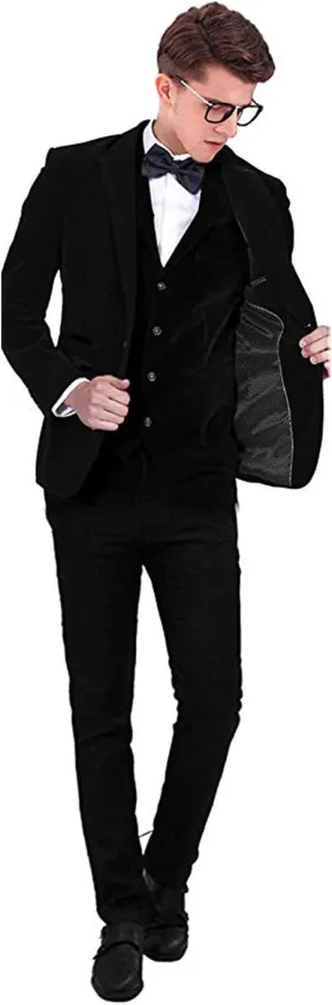 QZI Men's Three Piece Velvet Suit Slim Fit Tuxedo Jacket Vest Trousers