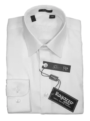 Ragazzo 18798 White Slim Fit Boy's Dress Shirt - Diagonal Tonal Weave - 100% Cotton - English (or modified) Spread Collar - Button Cuff
