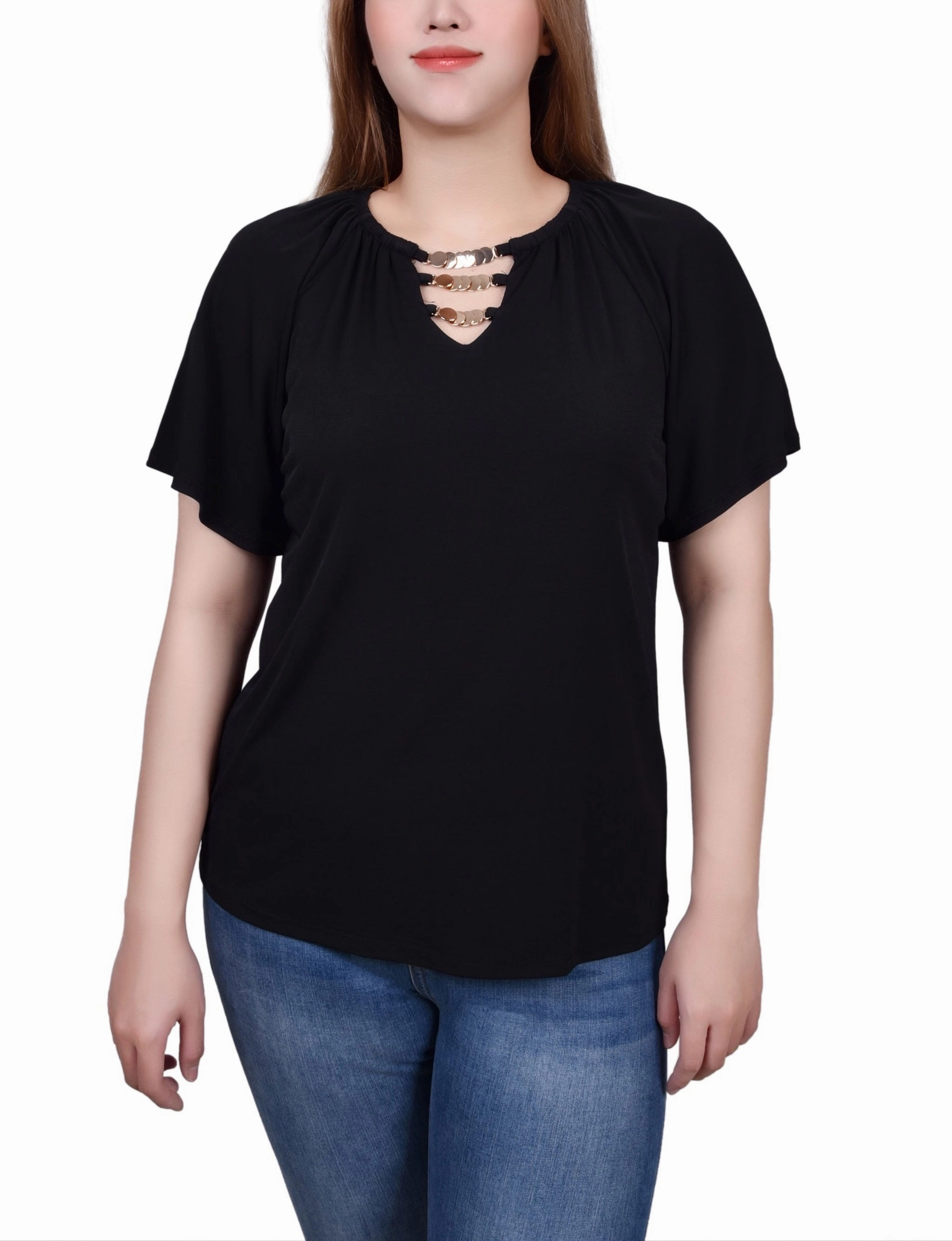 Variable Tension Adjustment StretchFit Raglan Sleeve Top With Chain Details