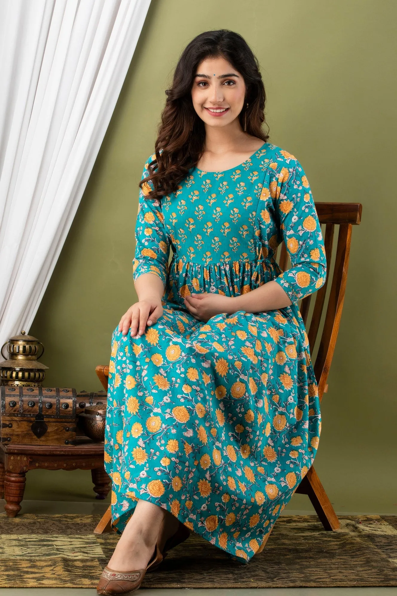 Rama Green Maternity Baby Feeding Dress