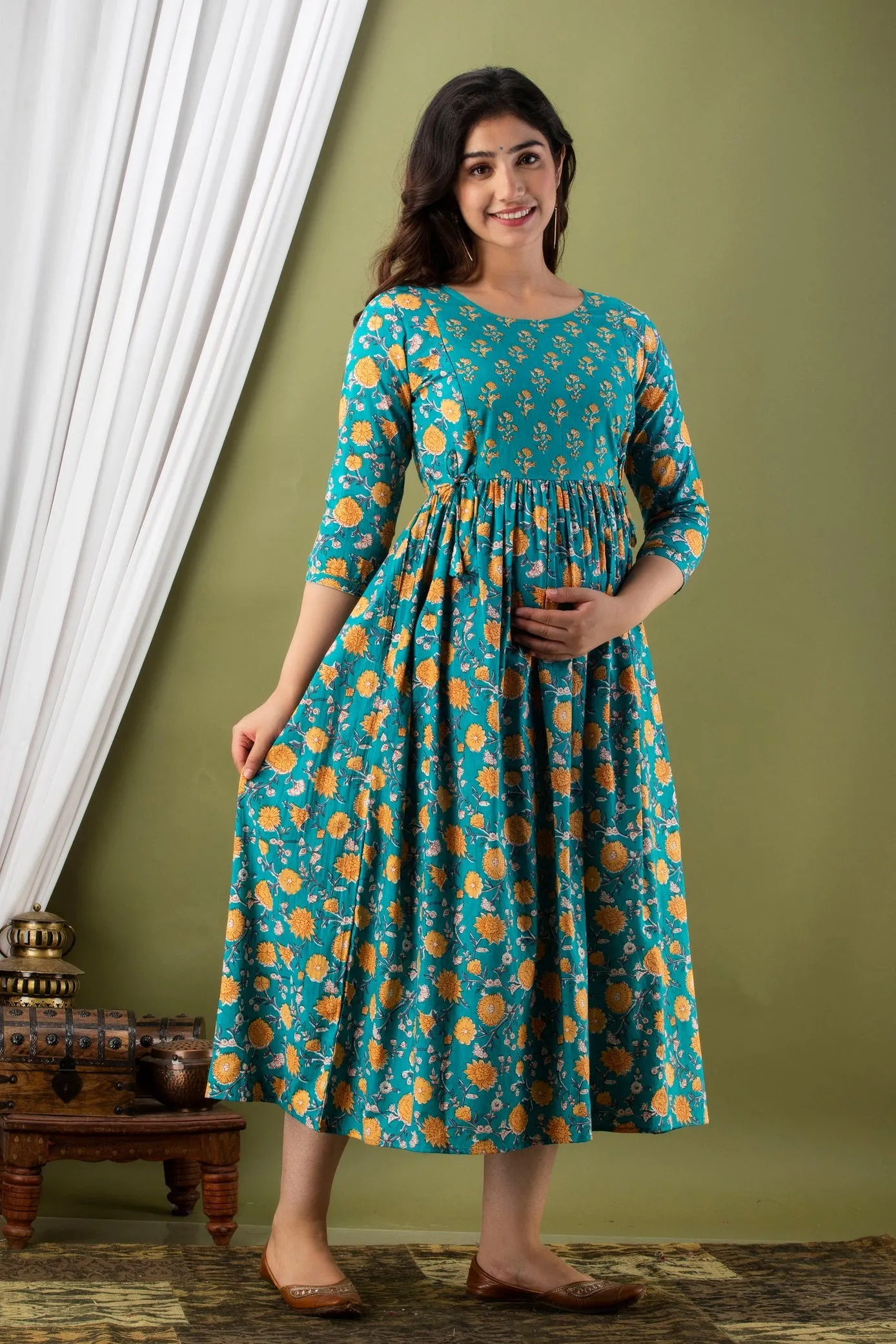 Rama Green Maternity Baby Feeding Dress
