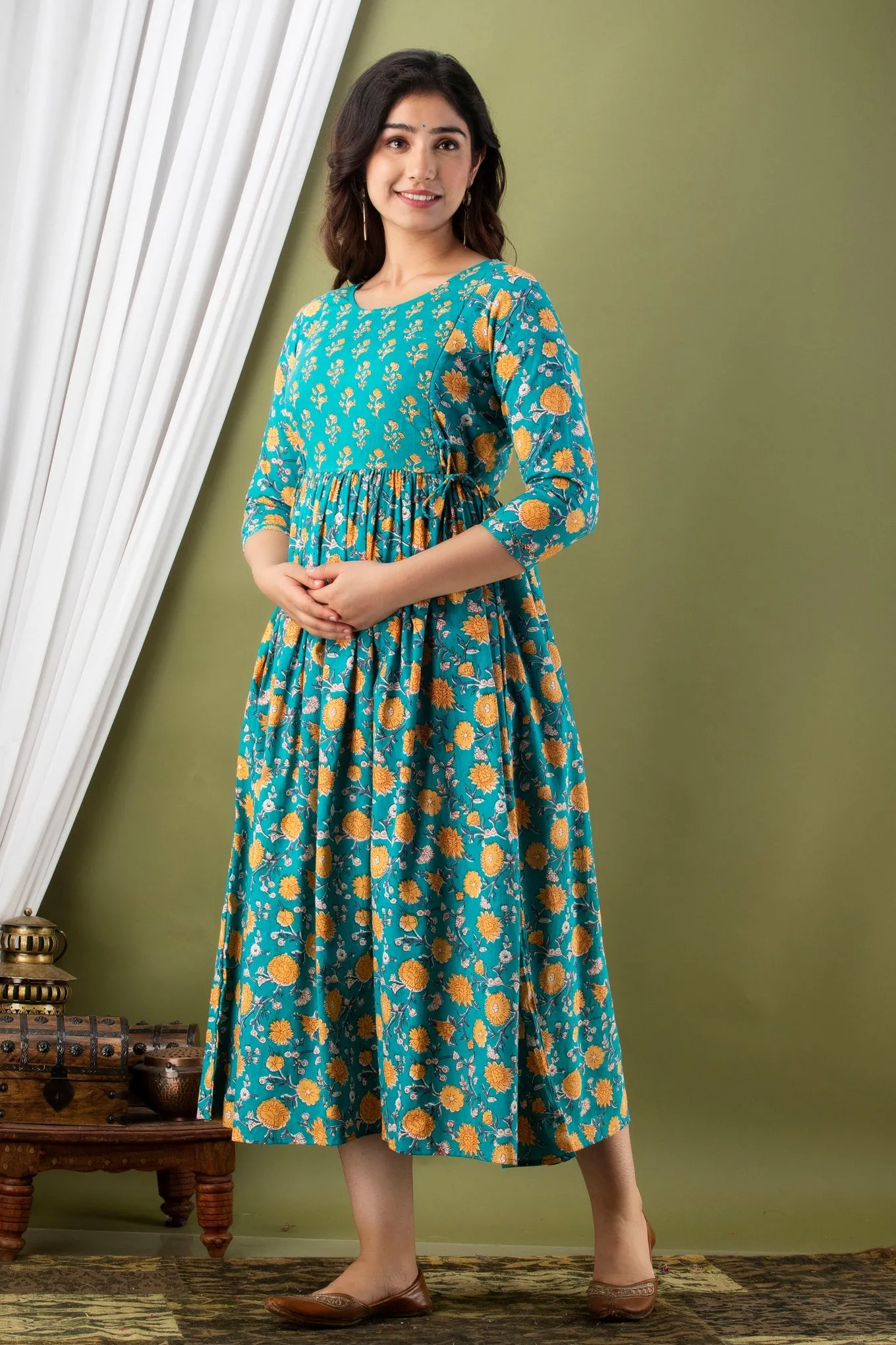 Rama Green Maternity Baby Feeding Dress