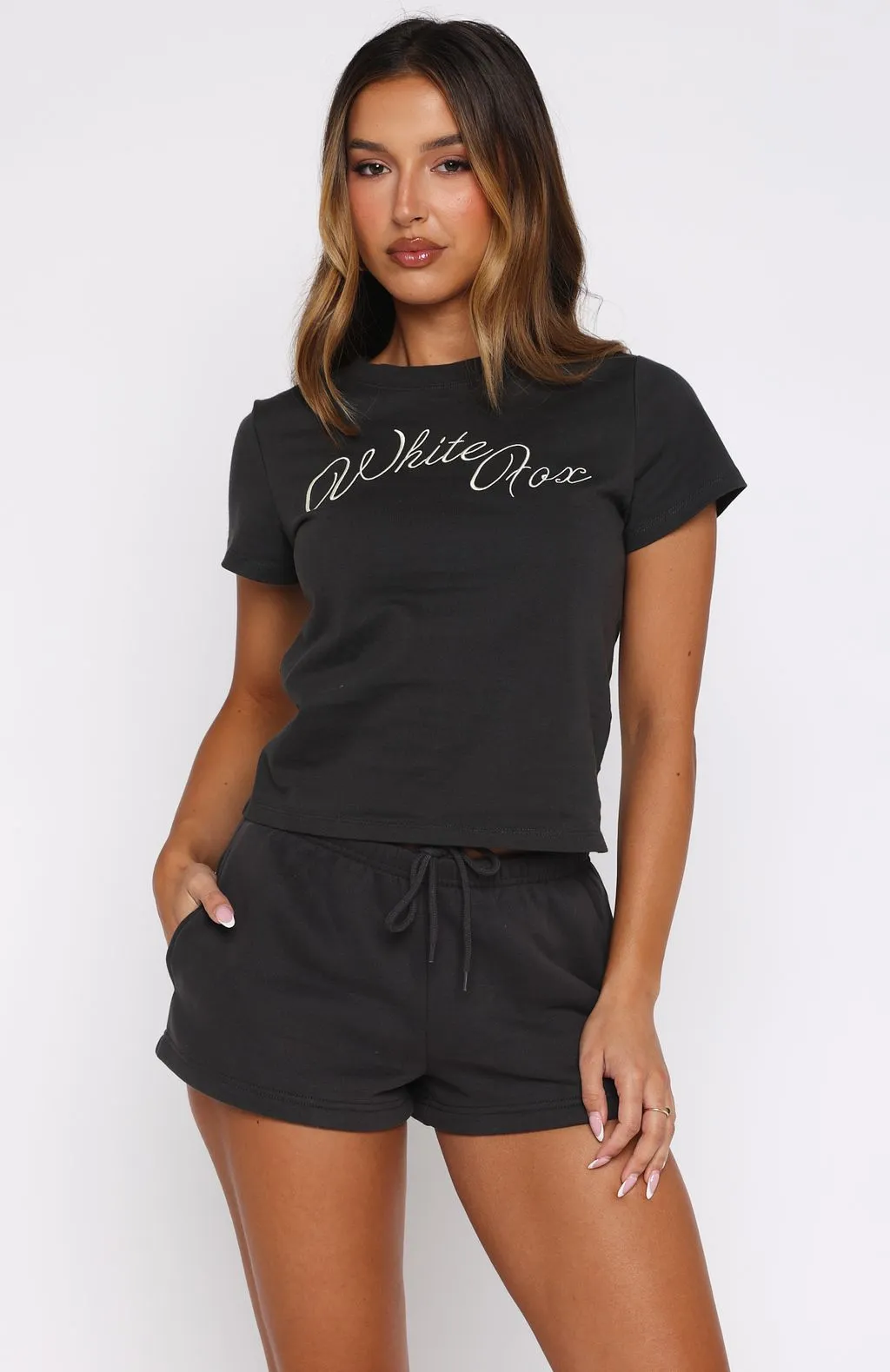 Lucky Thirteen Elsa Relaxed Baby Tee Charcoal DoubleLayeredCollar NoRoll Hem Technology