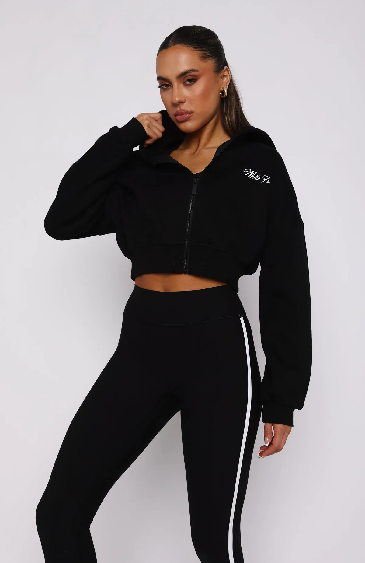 Stepping Out Cropped Hoodie Black HighElasticity