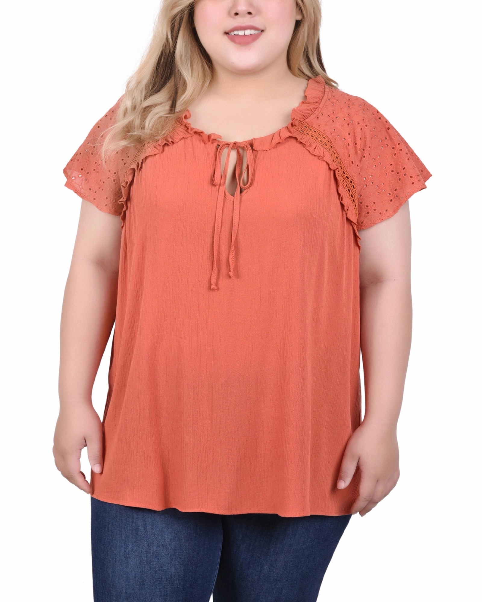 Eyelet Sleeve Blouse HeatSealed Seams Flexible Waistband Adaptation