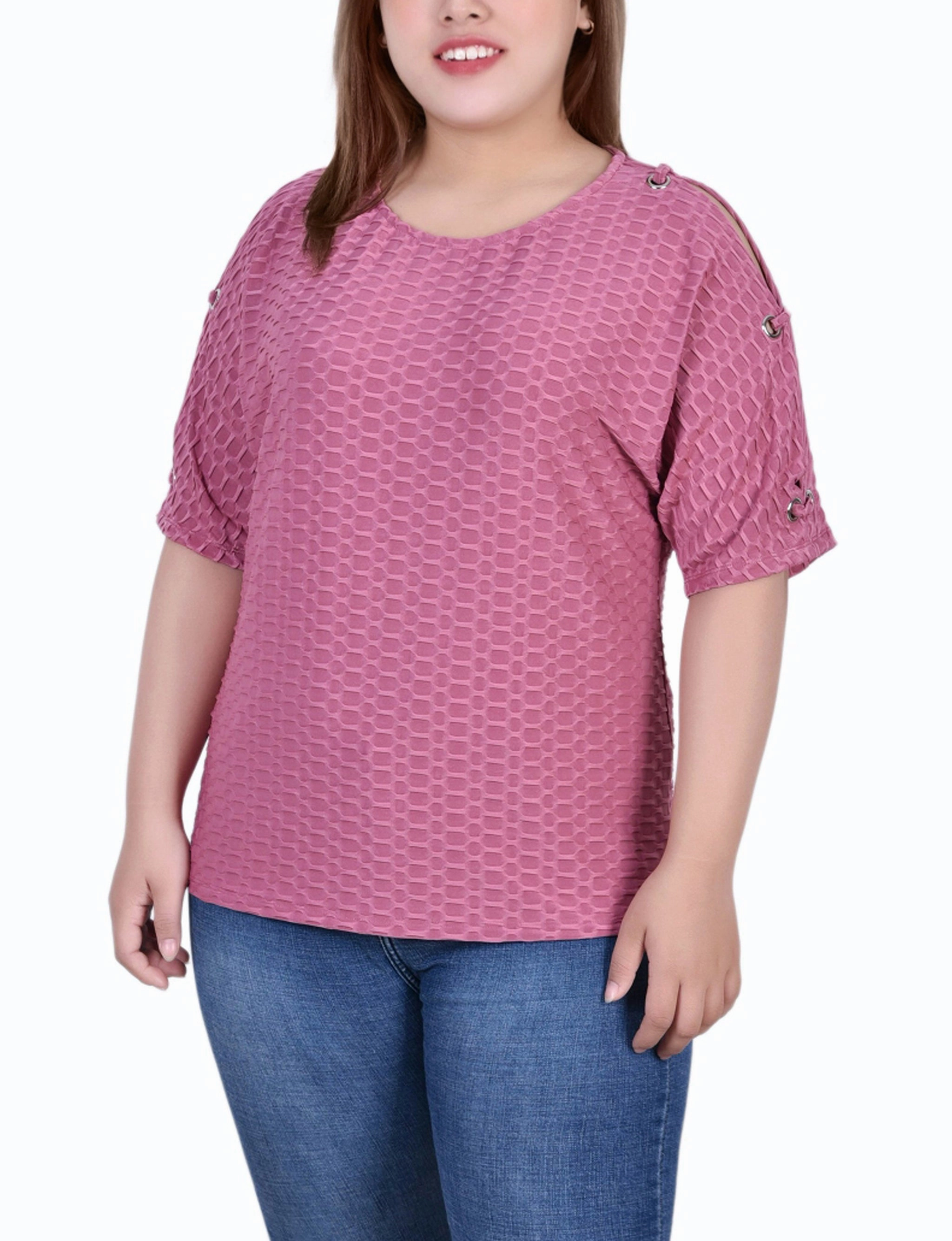 Plus Size Short Sleeve Honeycomb Textured Grommet Top AntiPill Surface