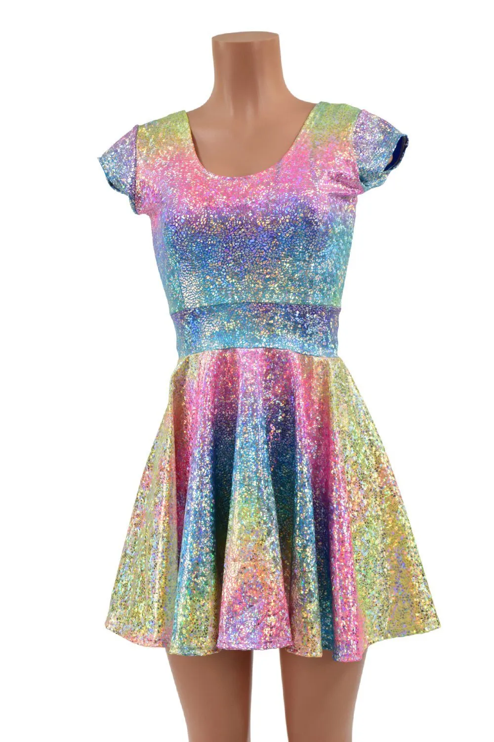 Ready to Ship Rainbow Shattered Glass Cap Sleeve Skater Dress 3XL