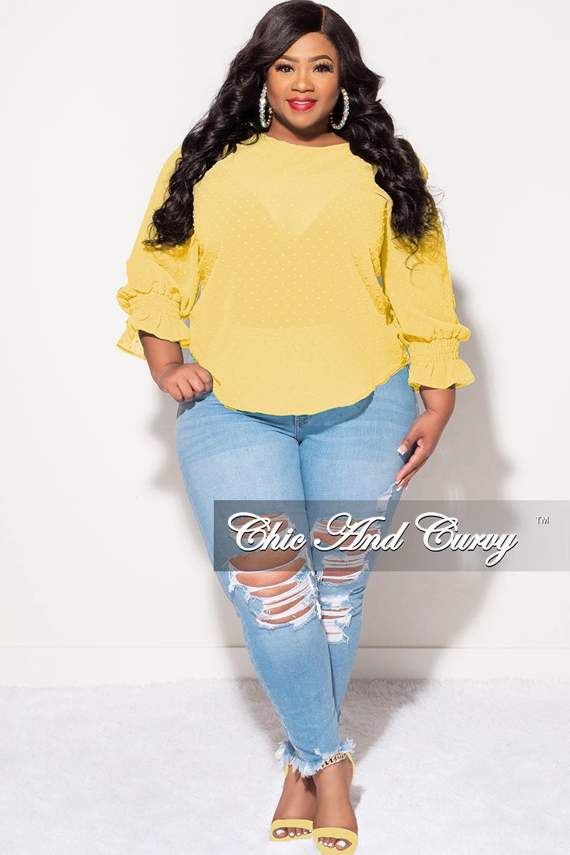 Chilly Layering ComfortFit Final Sale Plus Size Chiffon Sheer Top with Dot Embossing in Yellow