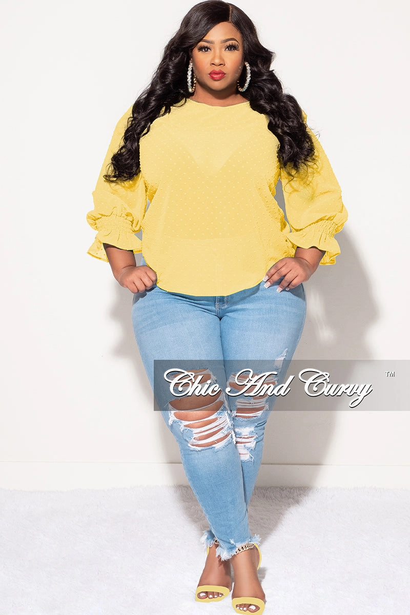 Final Sale Plus Size Chiffon Sheer Top with Dot Embossing in Yellow Easy Care Fabric Finish