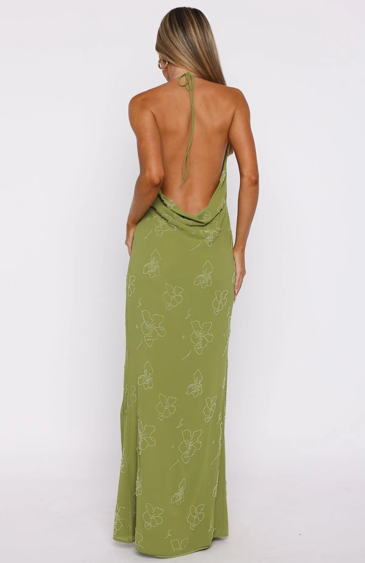 Slow Dancer Beaded Maxi Dress Green Tea Double Layered Hood Assembly