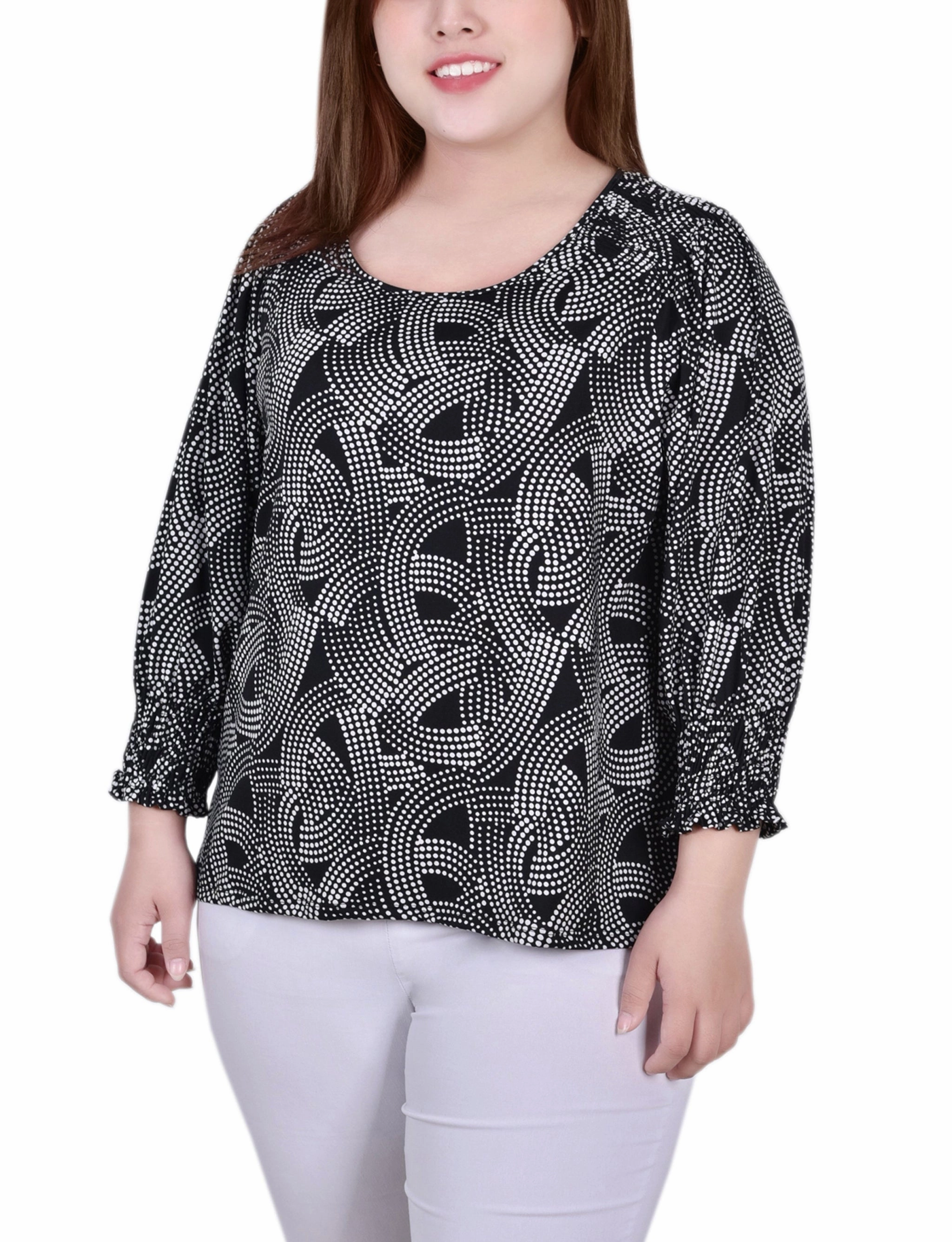 Versatile Layering Piece Breathable Material Plus Size 3/4 Smocked Detail Top