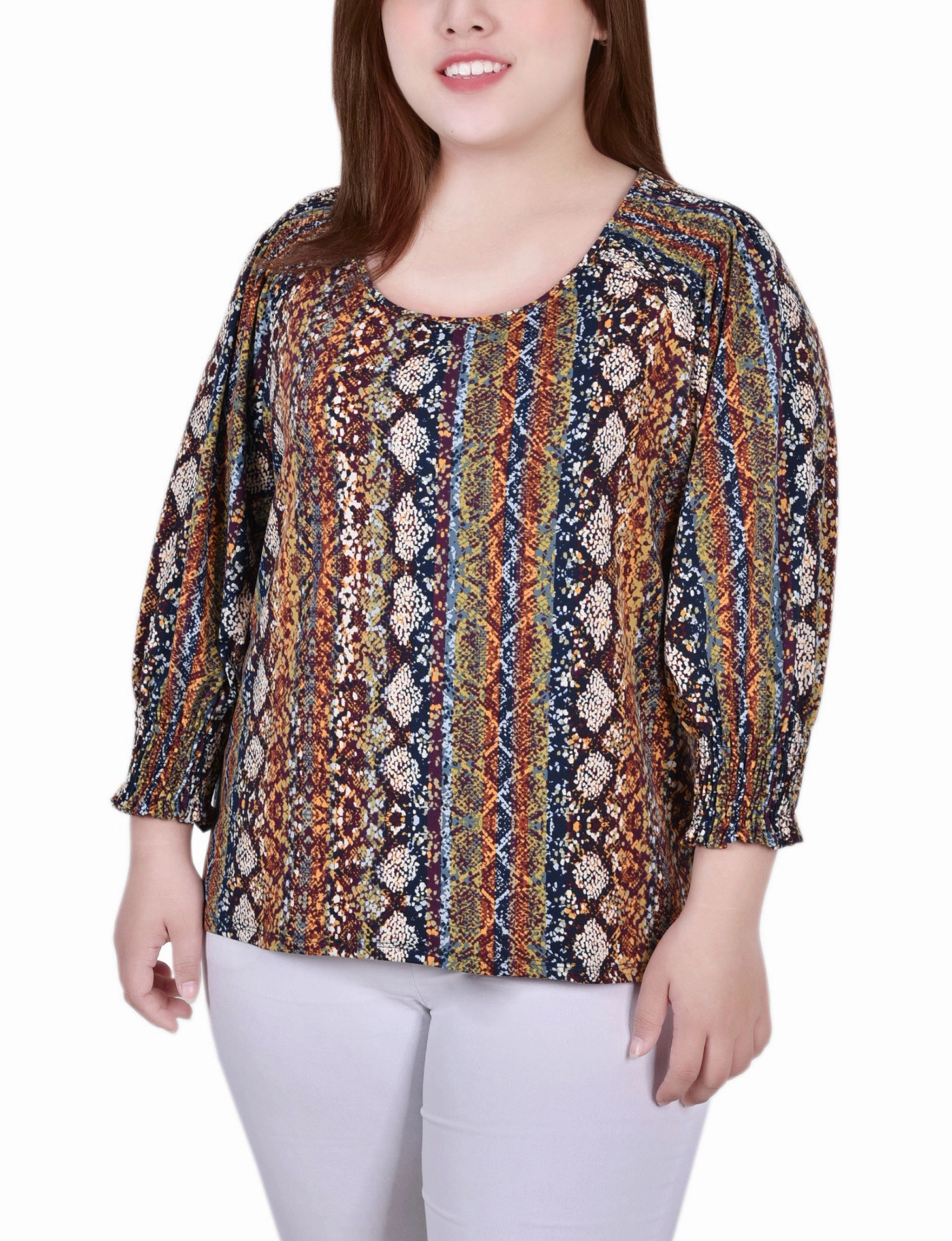 FlexibleMobility BreathableBackVents Plus Size 3/4 Smocked Detail Top