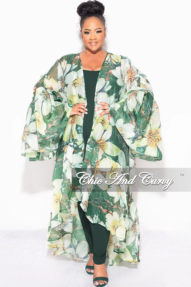 Final Sale Plus Size Ruffle Sleeve Kimono Duster in Olive Green Floral Chilly Comfort Active Utility