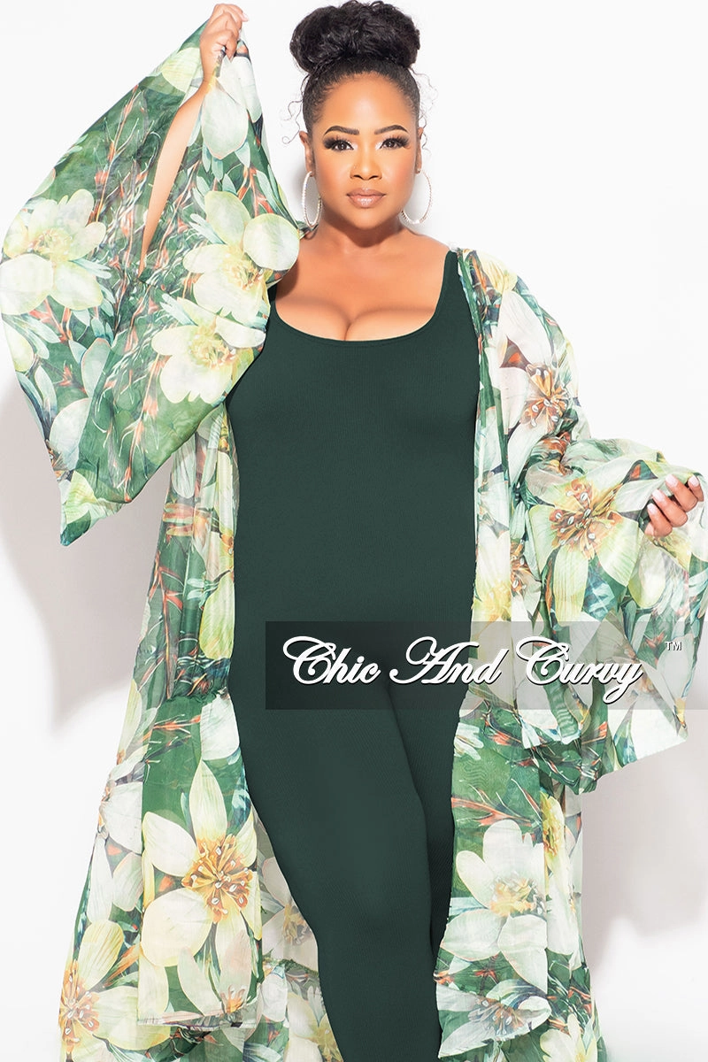 Tear Resistant Weave NonRestrictiveCut Final Sale Plus Size Ruffle Sleeve Kimono Duster in Olive Green Floral