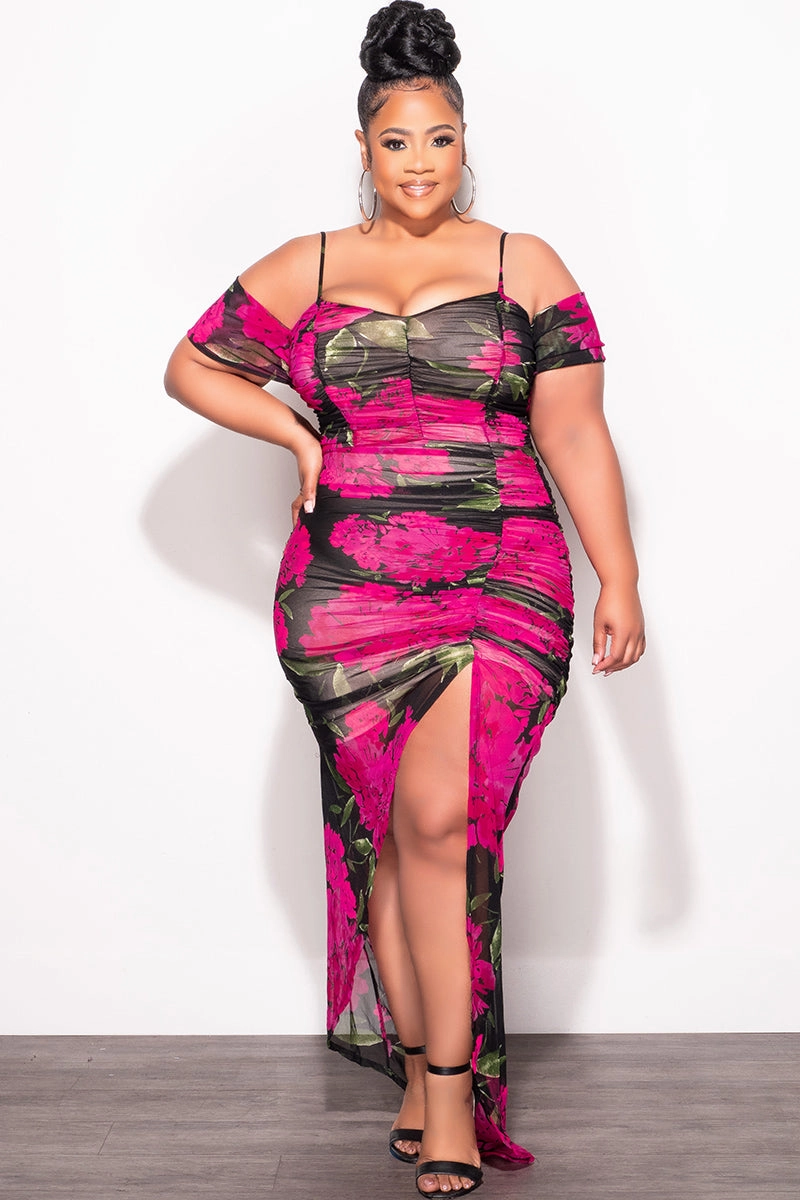 Final Sale Plus Size Cold Shoulder Ruched Sheer Dress in Fuchsia Floral Print FlameRetardantTreatment Laser cut
