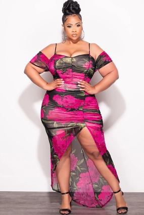 Wool blend Final Sale Plus Size Cold Shoulder Ruched Sheer Dress in Fuchsia Floral Print