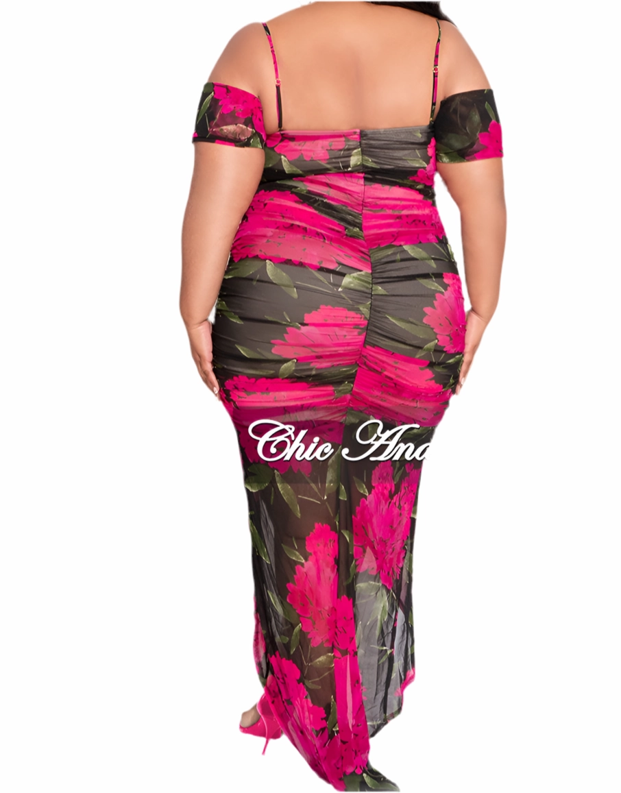 Final Sale Plus Size Cold Shoulder Ruched Sheer Dress in Fuchsia Floral Print Fitted Design
