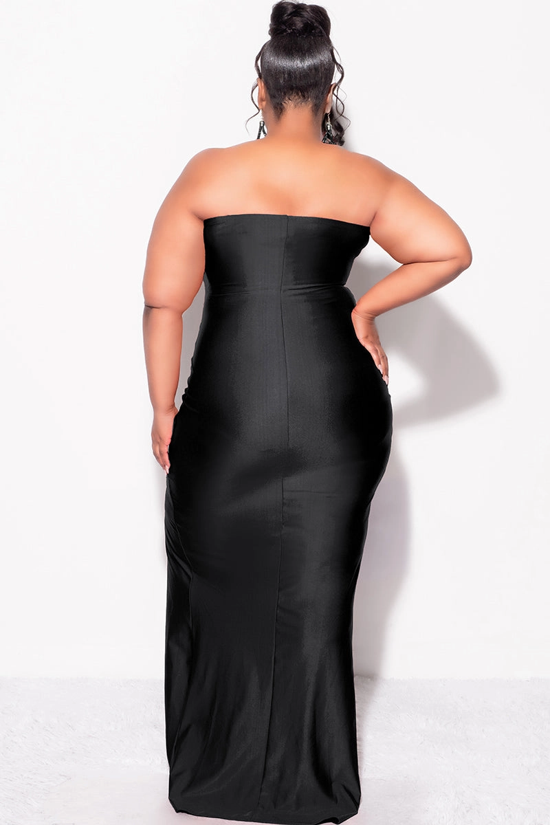 Final Sale Plus Size Strapless Ruffle Dress with Slit in Black WrinkleFreeFabric