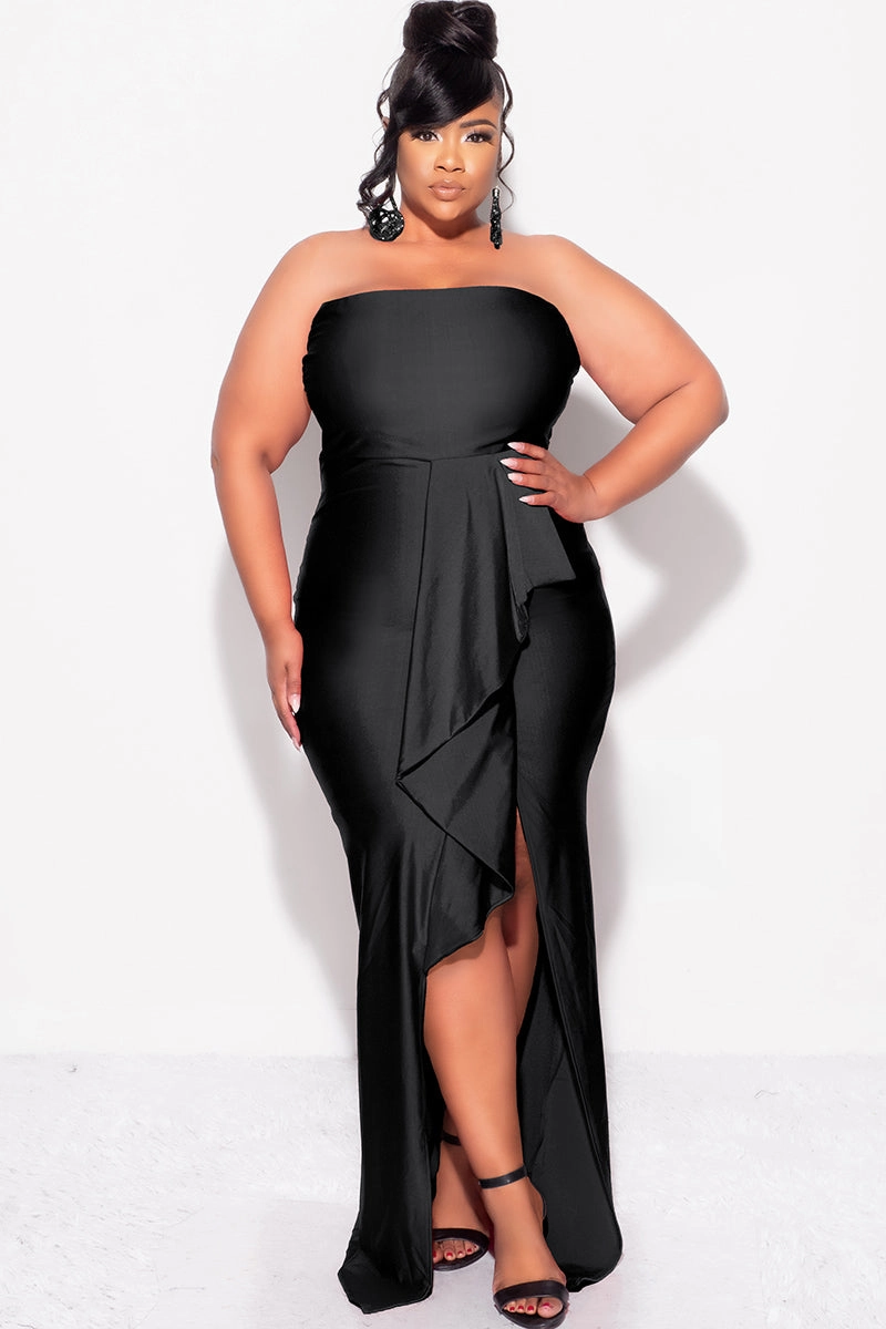Sweat Resistant Core Fit Design Final Sale Plus Size Strapless Ruffle Dress with Slit in Black