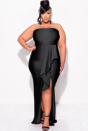 Breathable Performance Wear Non Irritating Final Sale Plus Size Strapless Ruffle Dress with Slit in Black
