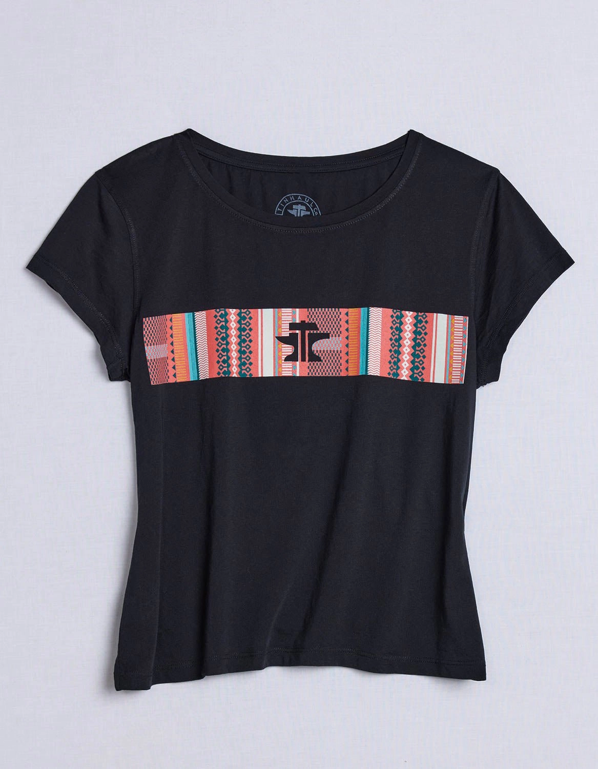 Slim Silhouette High-End Look Tin Haul Womens Serape Across Chest Black Cotton Blend S/S T-Shirt
