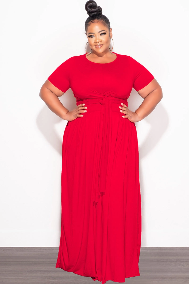Outdoor Fit Final Sale Plus Size 2pc Short Sleeve Tie Top and Skirt Set in Red
