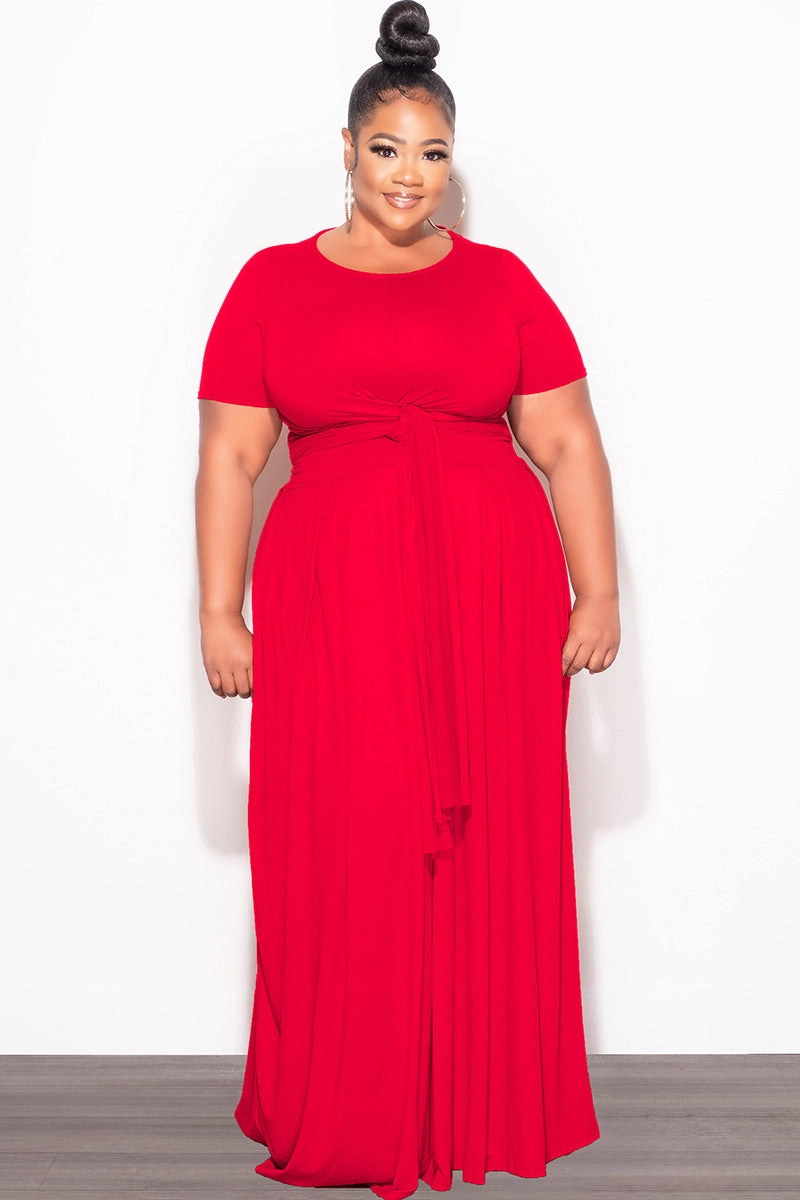 Final Sale Plus Size 2pc Short Sleeve Tie Top and Skirt Set in Red Quick Wash Minimalist Waist