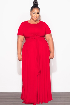 Flattering Cut Breathable wear Final Sale Plus Size 2pc Short Sleeve Tie Top and Skirt Set in Red
