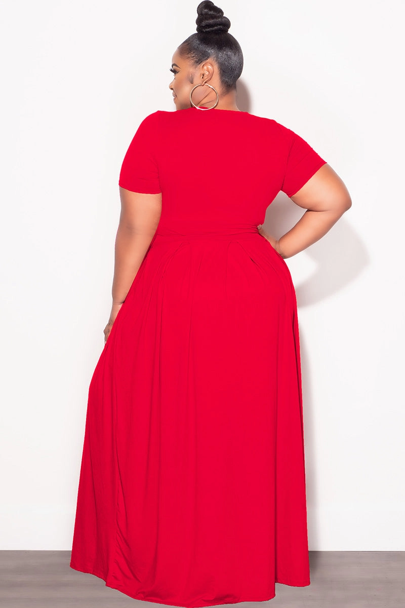 Final Sale Plus Size 2pc Short Sleeve Tie Top and Skirt Set in Red No Ride-Up Chilly Day Ready