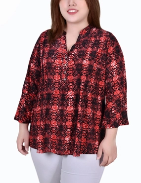 Plus Size 3/4 Bell Sleeve Pleat Front Y Neck Top Eco Conscious Packaging Breathable Ventilation
