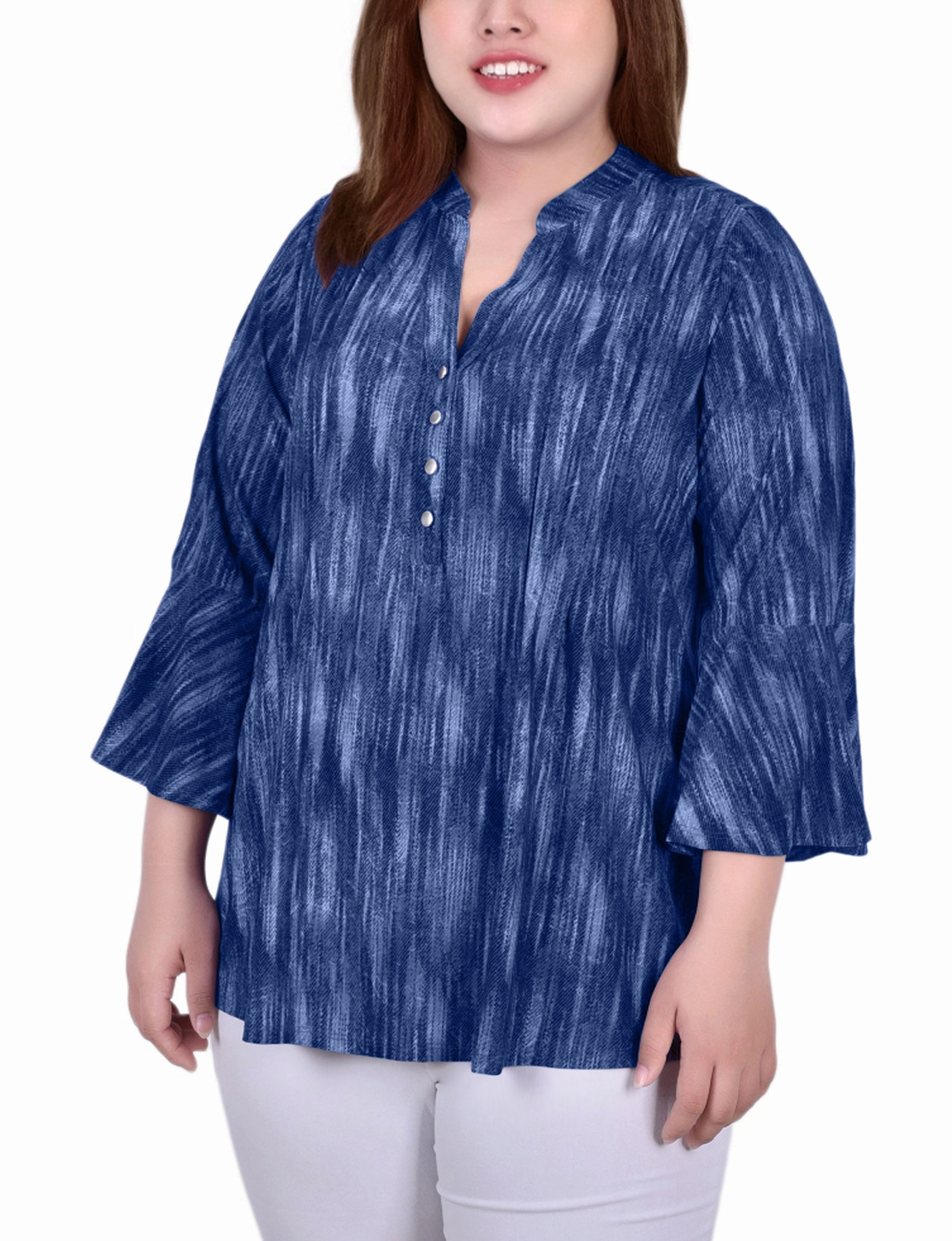 Plus Size 3/4 Bell Sleeve Pleat Front Y Neck Top DoubleStitched