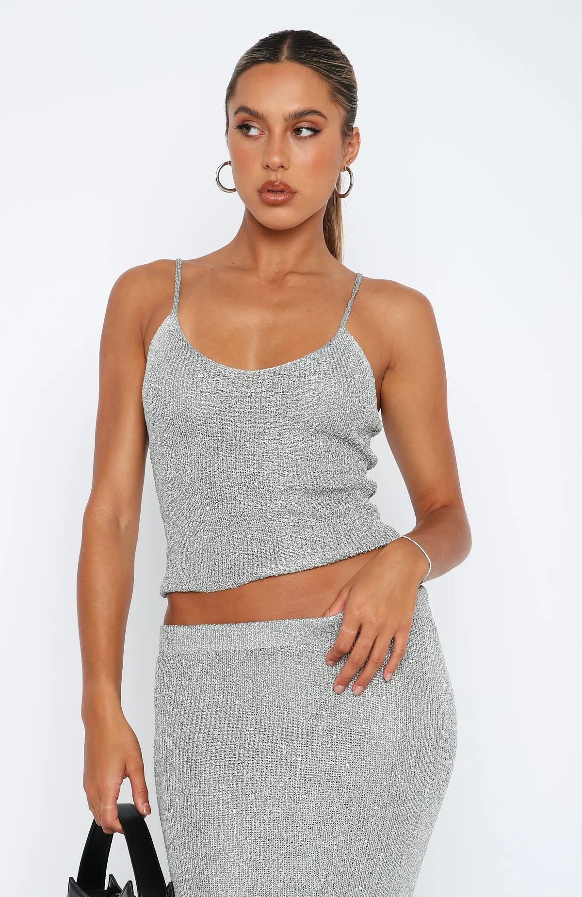 Love Galore Sequin Knit Top Grey Non Irritating Seam Finish Microfiber texture