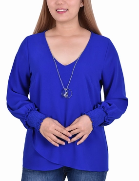 Chic Cardigan Reversible Layering Tech Petite Long Sleeve Overlapping Crepe Blouse Wth Necklace