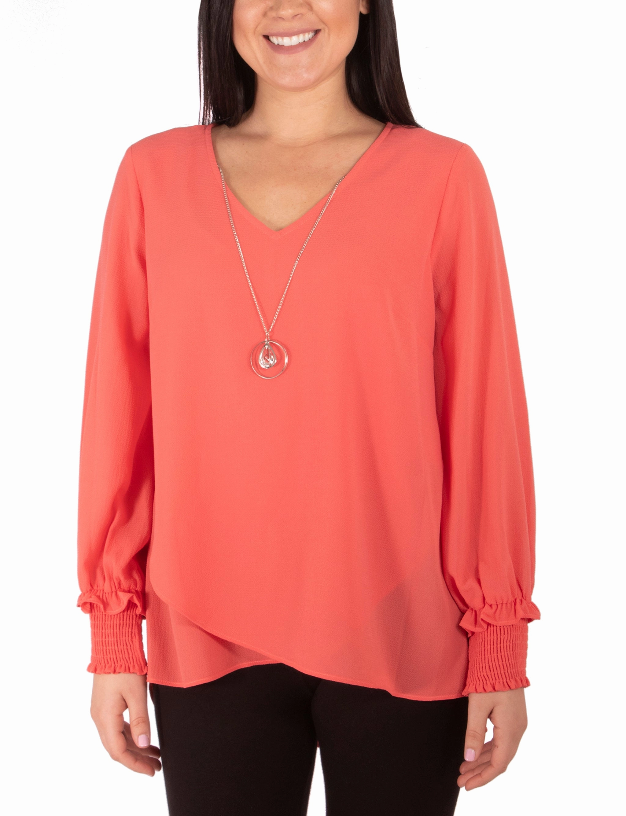 Petite Long Sleeve Overlapping Crepe Blouse Wth Necklace Mesh Panel Details SheerLayering