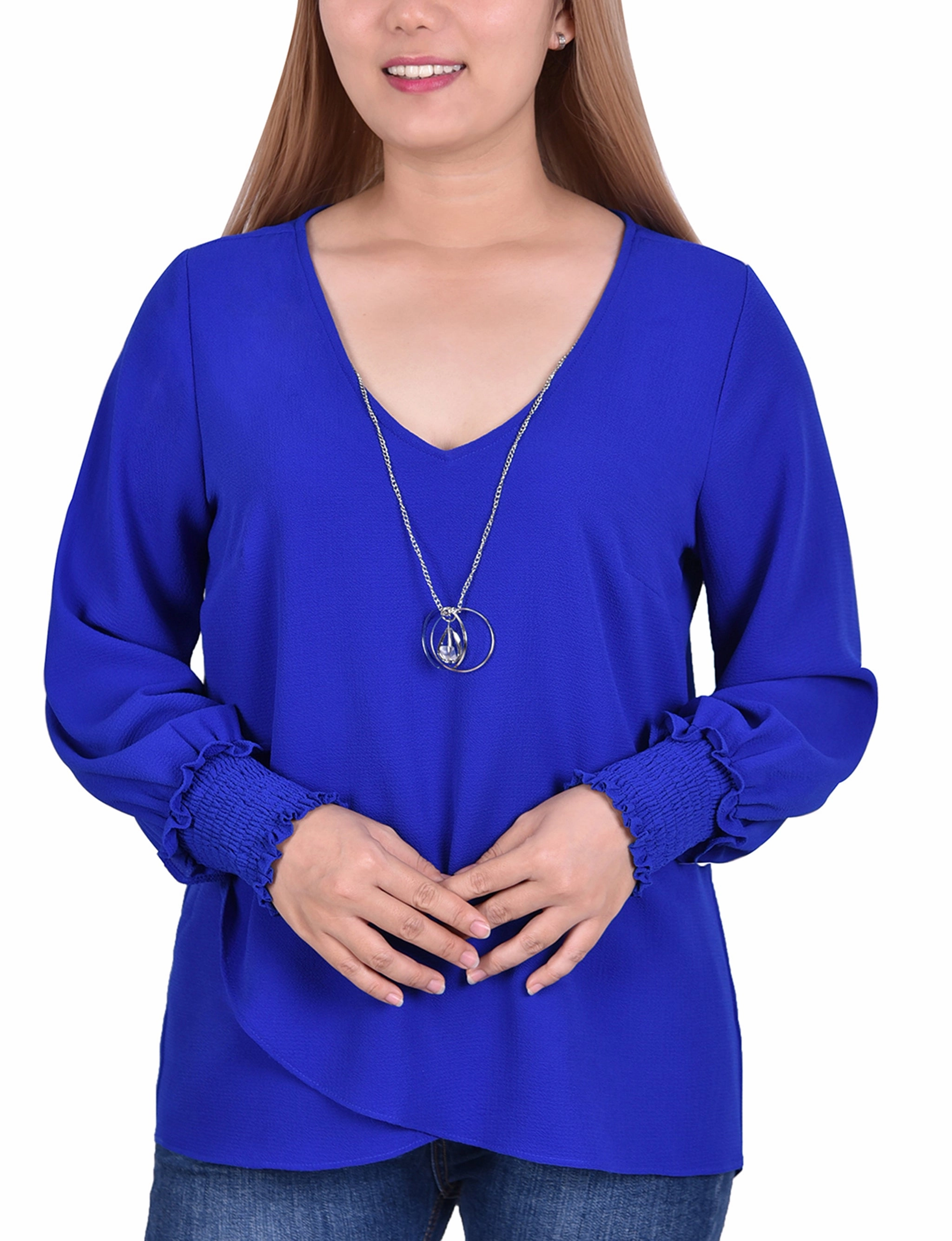 Petite Long Sleeve Overlapping Crepe Blouse Wth Necklace NaturalFiberBlend