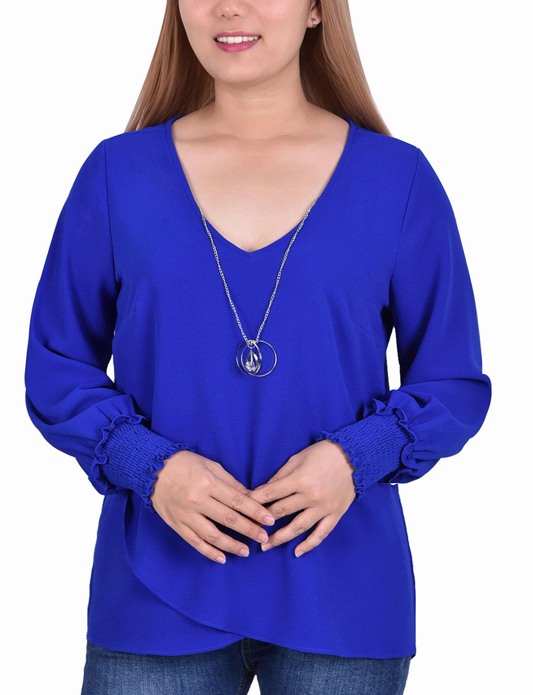 Petite Long Sleeve Overlapping Crepe Blouse Wth Necklace StaticResistantFabric Tapered Side Panels