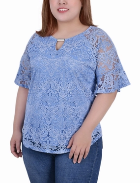 Plus Size Short Bell Sleeve Lace Blouse Anti Static Weave Technology Elastic Edge Binding