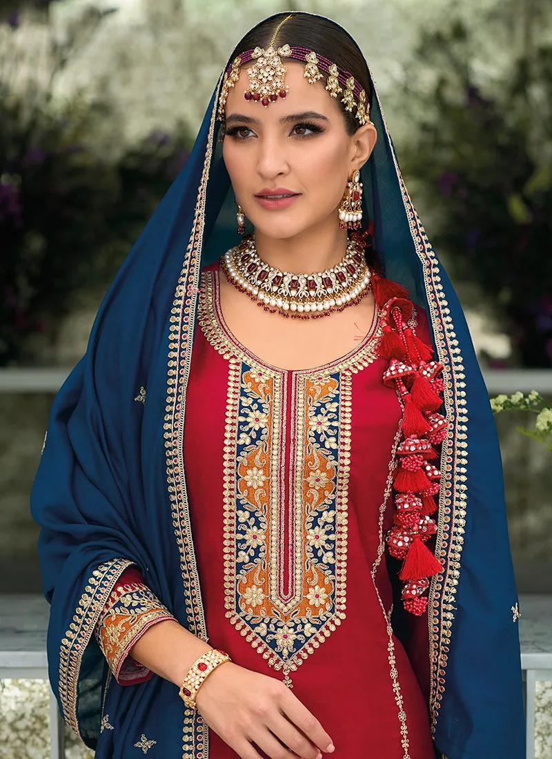 Red And Blue Embroidery Traditional Salwar Kameez
